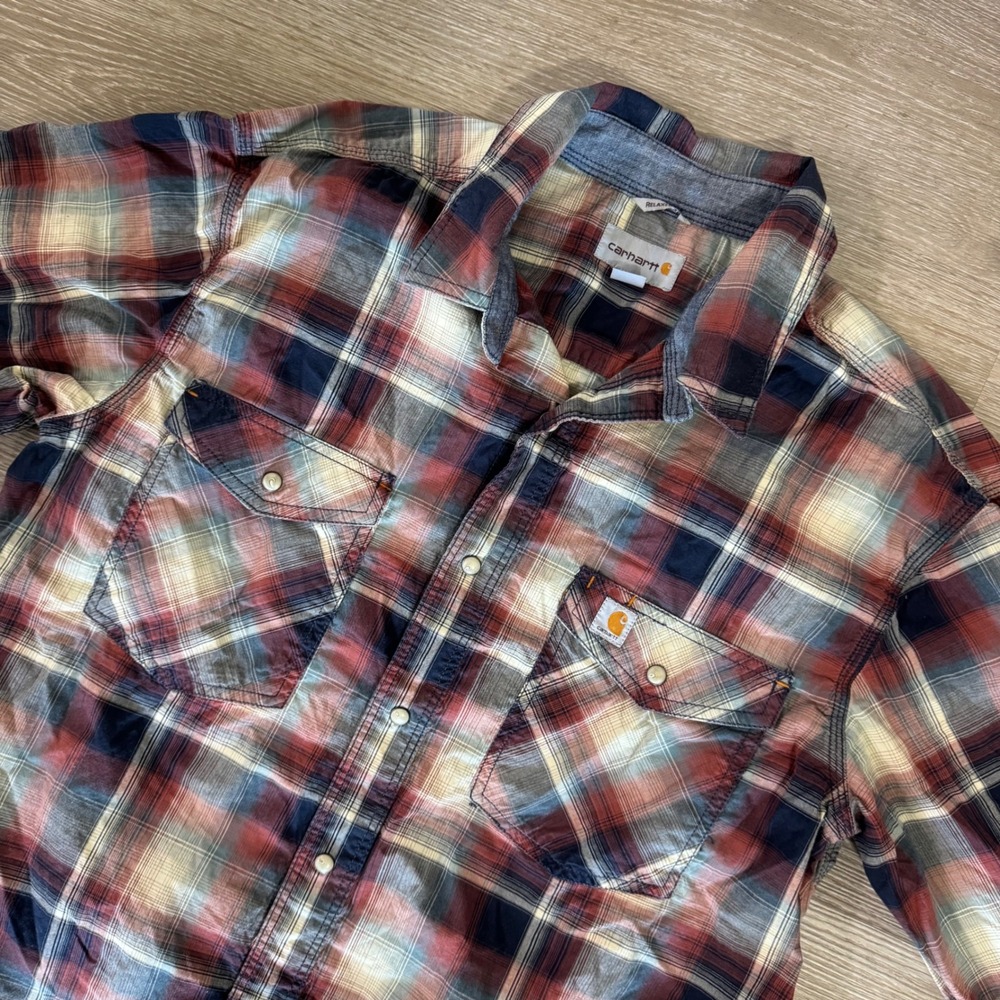 Carhartt Button Down Shirt Mens L Regular Red Plaid Relaxed Fit Long Sleeve